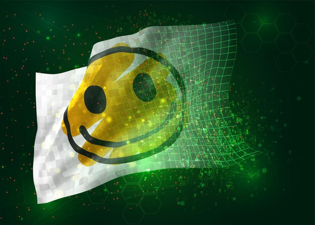 Cheerful yellow smile on vector 3d flag on green background with polygons and data numbers