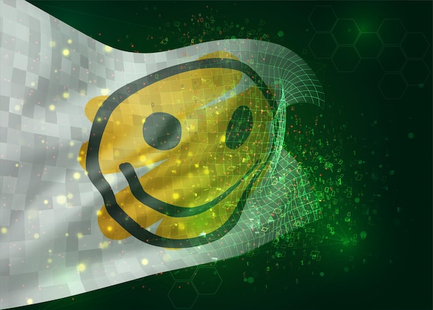 Cheerful yellow smile on vector 3d flag on green background with polygons and data numbers