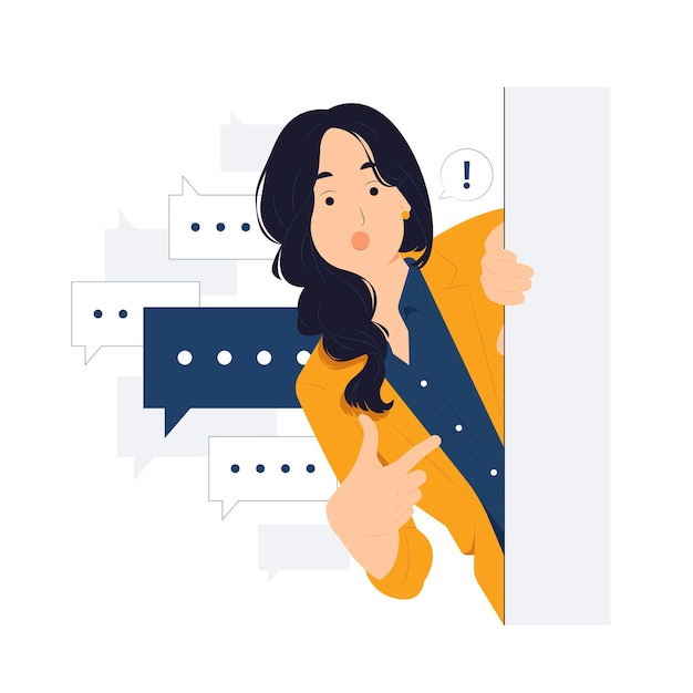 Cheerful Young Businesswoman standing behind a wall while peeking with curiosity startled shocked Surprised peeping listening discovery and Pay attention concept illustration