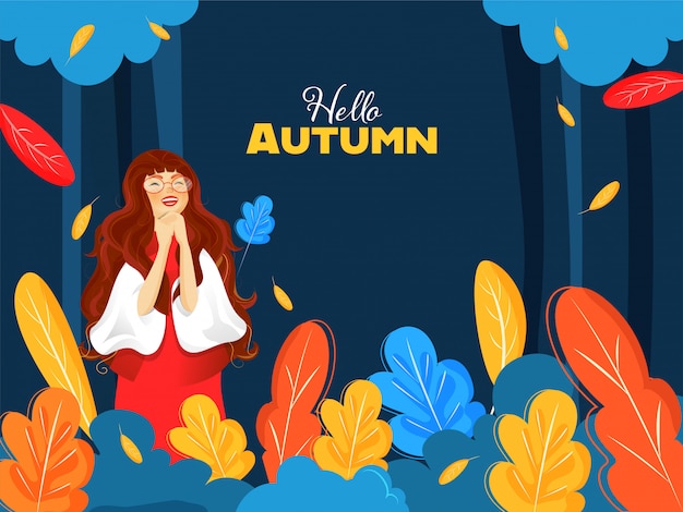 Carattere allegro della ragazza con i fogli variopinti decorati su fondo blu per ciao autunno.