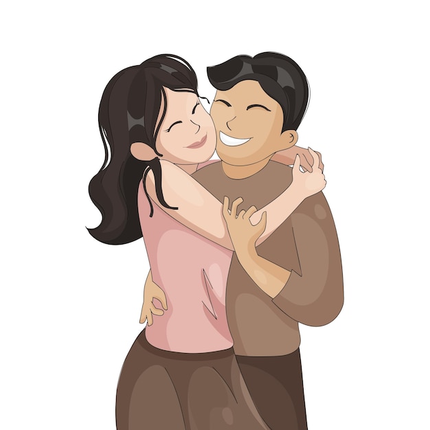 Cheerful young girl hugging to her boyfriend against white background