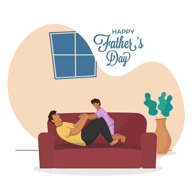 Веселый молодой человек, играя со своим сыном на диване для концепции день счастливого отца.