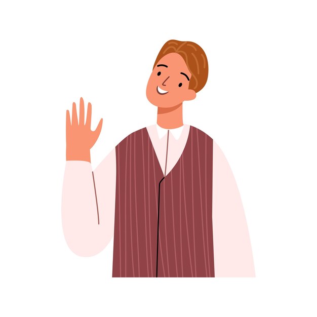 Vector cheerful young man in shirt meet greet waving hand