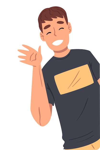 Cheerful Young Man Waving His Hand Man Chatting Online via the Internet Using Smartphone Video Call or Talking Face to Face Vector Illustration