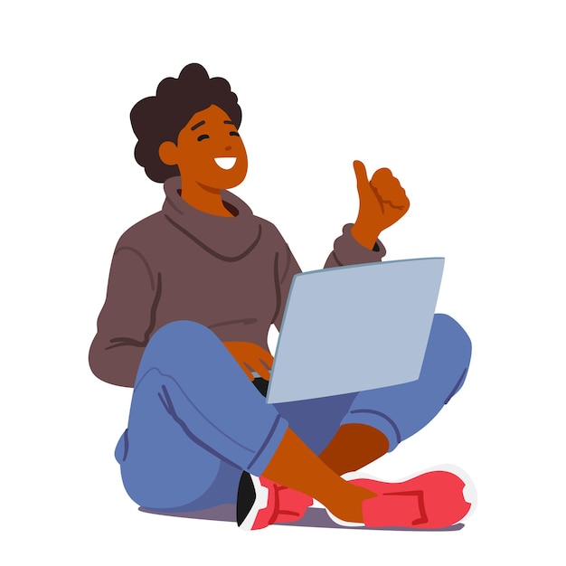 Vector cheerful young woman character sit with laptop showing thumb up indicating approval or success vector illustration