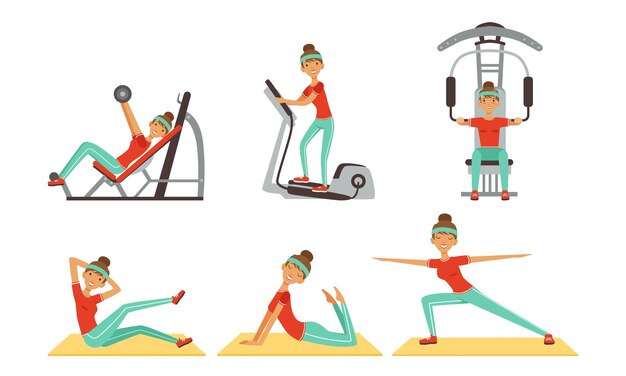 Cheerful Young Woman Doing Different Sport Exercises in Gym Set Sportive Girl Character Working Out in Ftness Club Vector Illustration