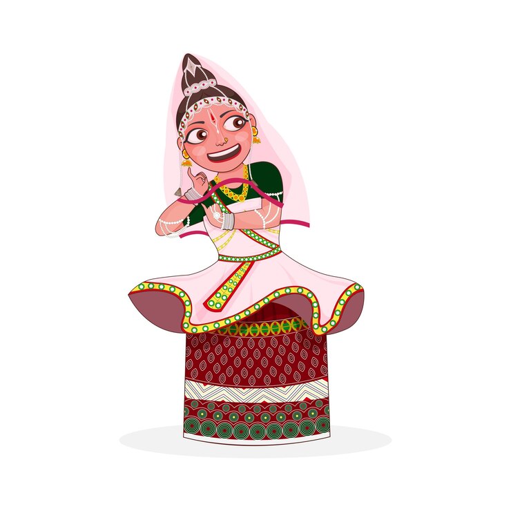वेक्टर सफेद पृष्ठभूमि पर प्रफुल्लित युवती मणिपुरी नृत्य का प्रदर्शन कर रही है