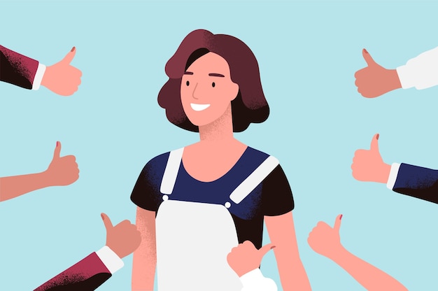 Vector cheerful young woman surrounded by hands with thumbs up.