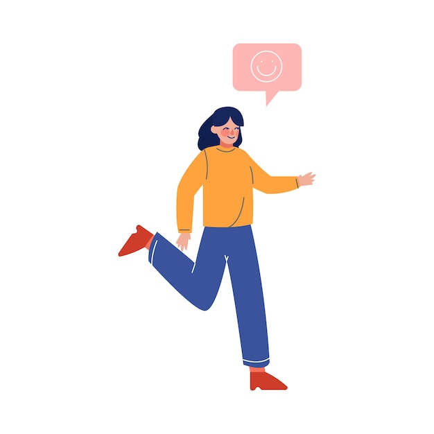 Vector cheerful young women in casual clothing with happy face speech bubble above her head social