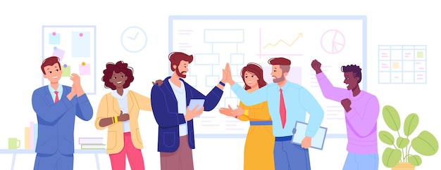 Cheering colleagues on workplace happy employee multiracial team celebrate triumph in office colleague clapping congratulations professional achieving swanky vector illustration