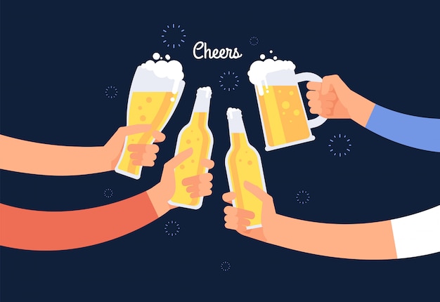 Vector cheering hands. cheerful people clinking beer bottle and glasses. happy drinking holiday vector background