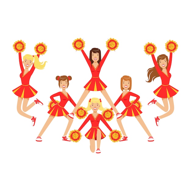 ポンポンで踊るチアリーダーの女の子が競技中にサッカーチームをサポートします。 。カラフルな漫画キャラクターイラスト