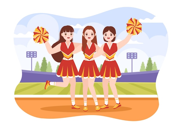 Cheerleadermeisje met pompons van dansen en springen ter ondersteuning van teamsport op illustratie