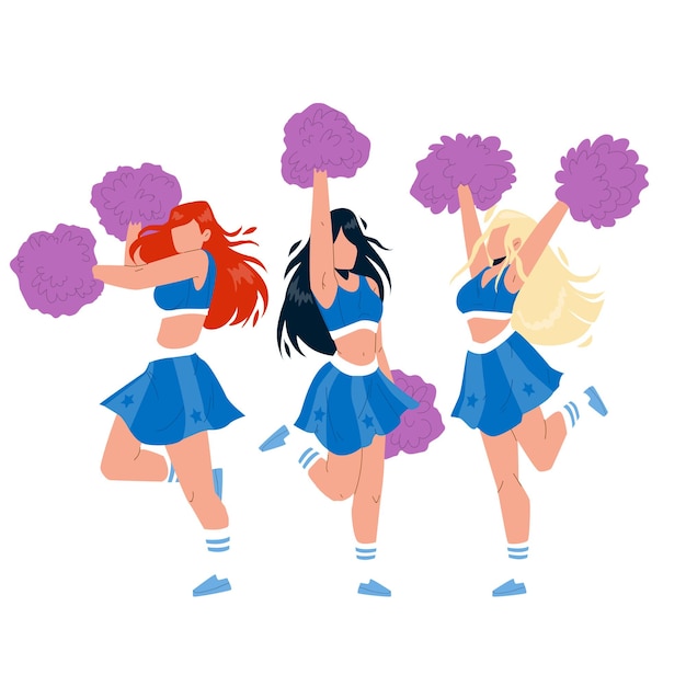 Cheerleaders girls dancing with pompoms vector. cheerleaders\
young women holding pon-pon, dance and cheer sport team on\
competition together. characters cheering flat cartoon\
illustration