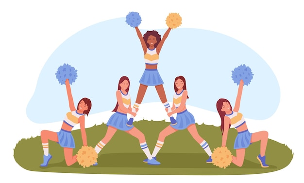 Vettore squadra di cheerleader che mostra acrobazie sul campo di calcio gruppo di ragazze atletiche sorridenti e felici vestite con costumi che eseguono la piramide sull'erba illustrazione vettoriale