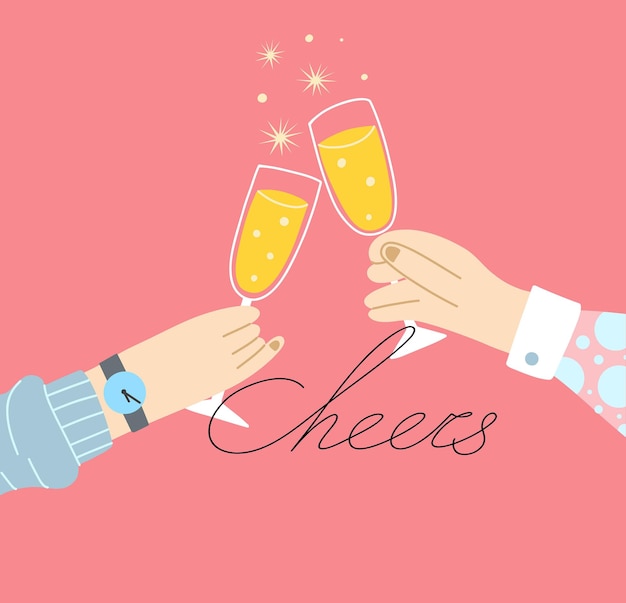 Cheers champagne мультфильм современные бокалы doodle рисунок современной открытки или плаката алкогольный напиток для празднования нового года свадьбы и дня рождения праздничная вечеринка напитки вектор изолированный набор