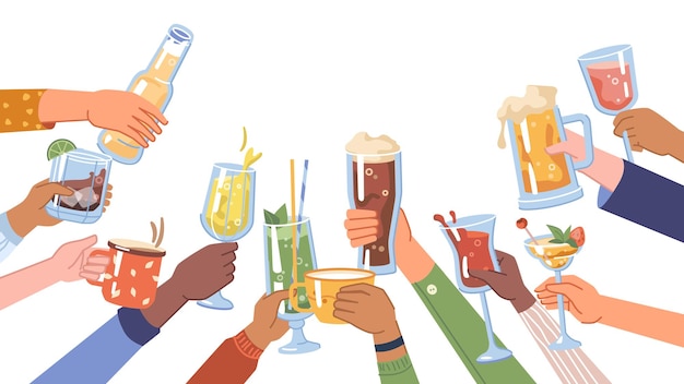 Cheers hands holding drinks and beverages vector