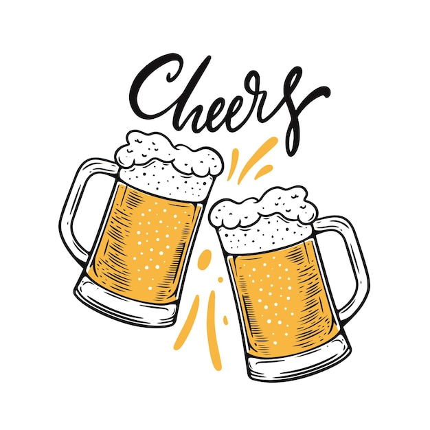 Vector cheers lettering phrase and two beer glasses hand drawn colorful cartoon style.