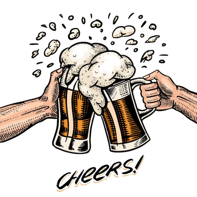 乾杯ビールを手にビンテージ アルコール ラベル カリグラフィー要素アメリカのバナーまたはポスター手描きの刻まれたスケッチ レタリング web パブ メニュー