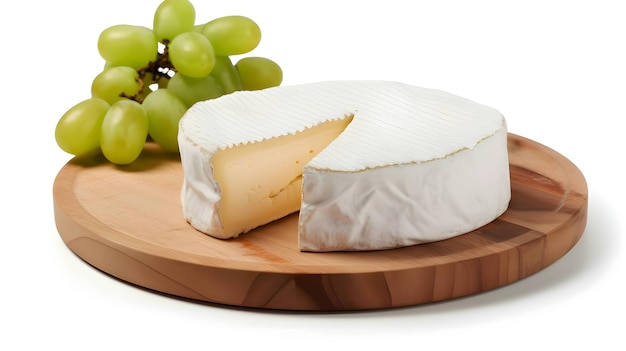 Сыр и виноград на кухонной деревянной доске, изолированной на белом фоне