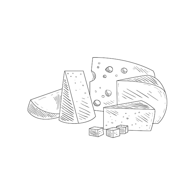 Cheese Assortment Plate Hand Drawn Realistic Sketch