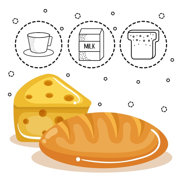 Cheese and bread loaf with hand drawn food stickers over white background. Vector illustration.