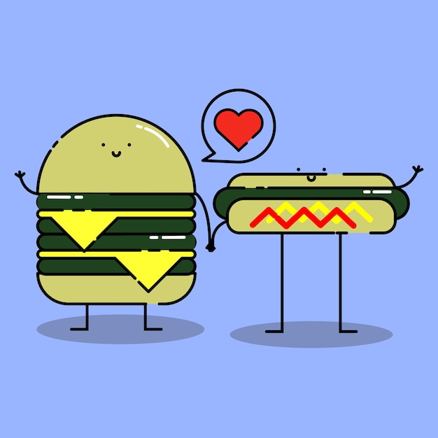 Vector cheese burger cute mascot holding hands hotdog love with food kawaii cartoon baby character