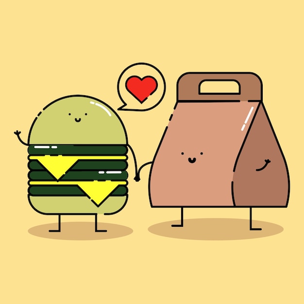 Cheese burger cute mascot holding hands love food warp bag kawaii cartoon baby character