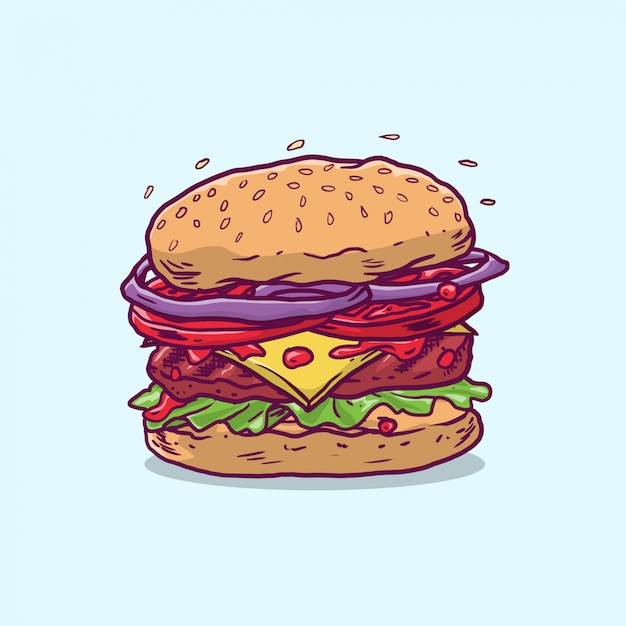 Hamburger di formaggio con carne di manzo e verdure fresche in mano disegnata