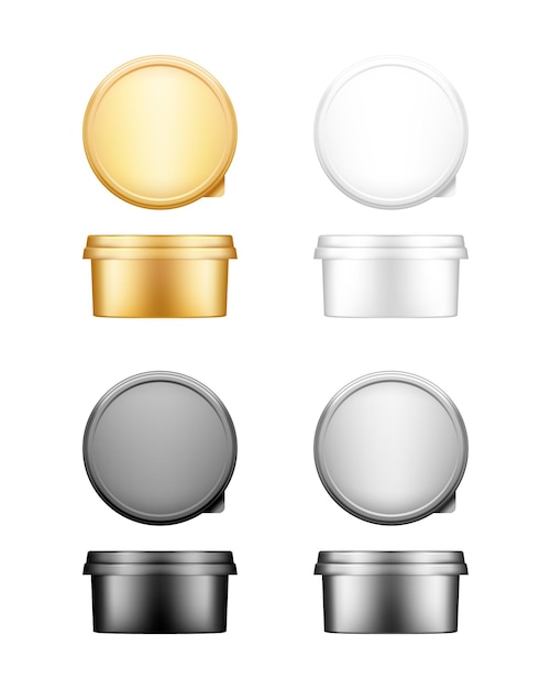 ベクトル チーズ、バター、またはマーガリンの丸い容器、蓋のモックアップセット-正面図と上面図