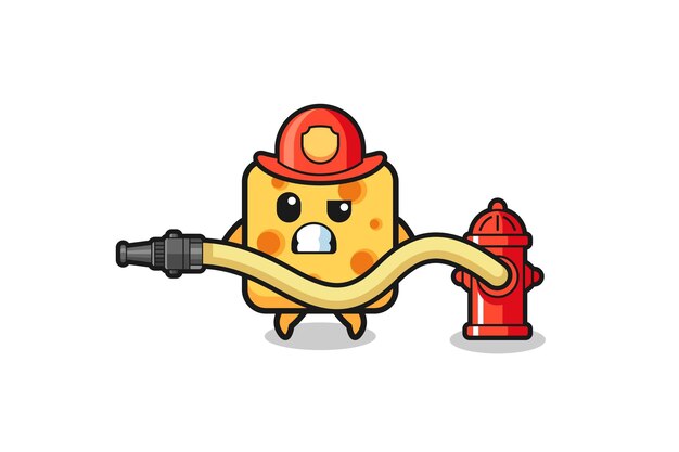 Cheese cartoon as firefighter mascot with water hose