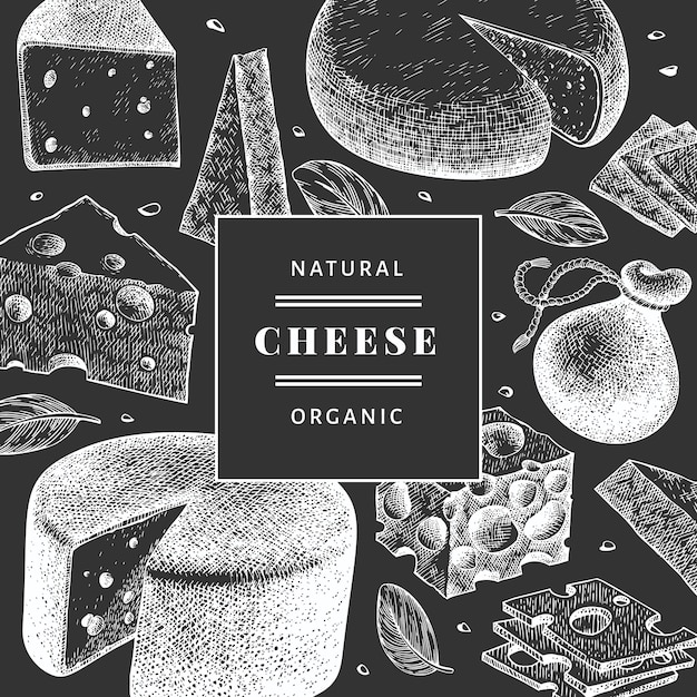 Cheese design. hand drawn dairy illustration on chalk board. engraved style different cheese kind