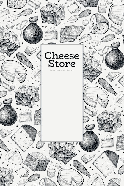 Cheese design template. hand drawn   dairy illustration. engraved style different cheese kinds banner. vintage food background.