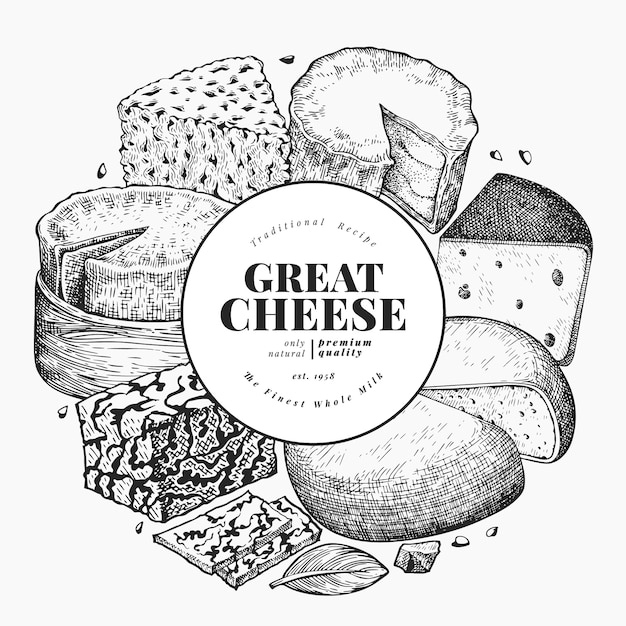 Cheese design template. hand drawn dairy illustration. vintage food background.