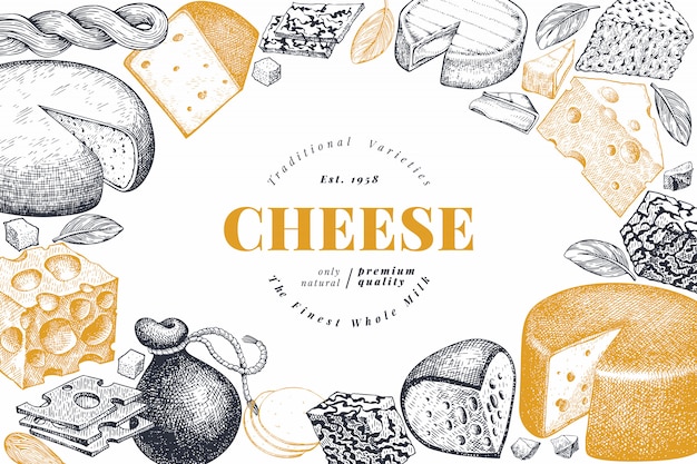 チーズのデザインテンプレート。手描きのベクトルの乳製品のイラスト。刻まれたスタイルの異なるチーズの種類のバナー。