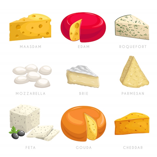 Cheese different types. Maasdam, edam, roquefort, mozzarella, brie, parmesan, feta, gouda, cheddar.