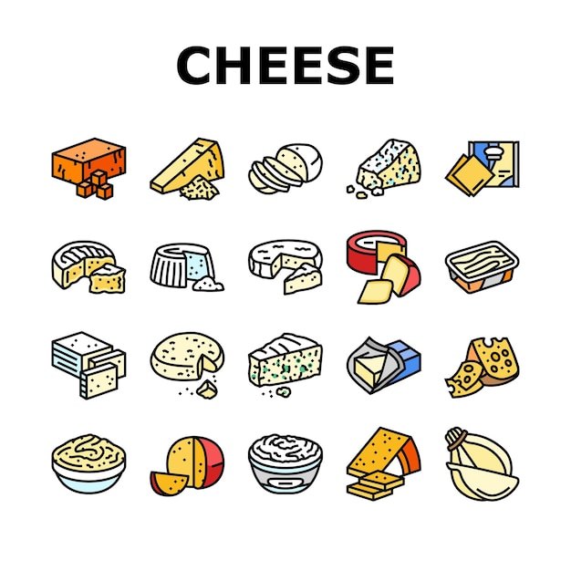 Cheese food slice piece dairy icons set vector