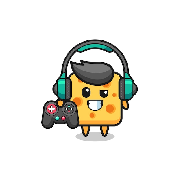 Cheese gamer mascot holding a game controller , cute design