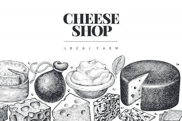 Cheese . hand drawn  dairy illustration. engraved style different cheese kinds  vintage food background.