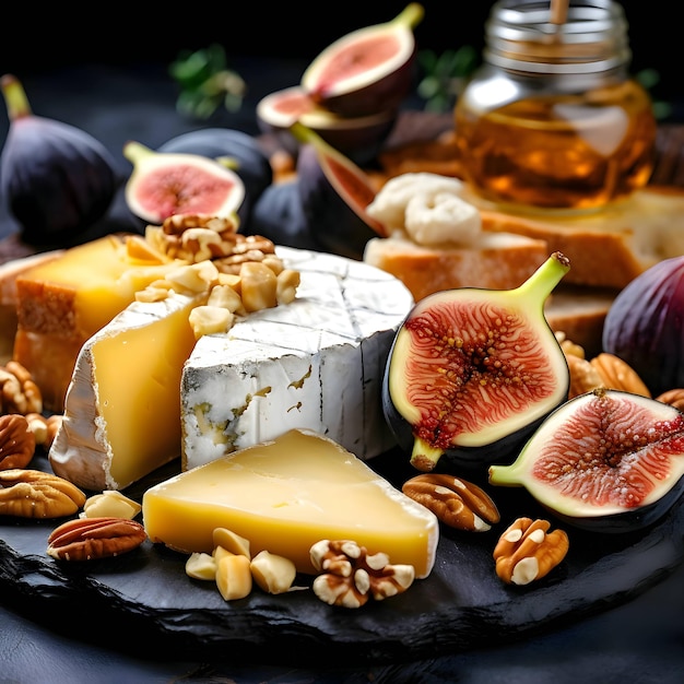 Cheese honey nuts bread and figs on a cutting kitchen wooden board Blurred background