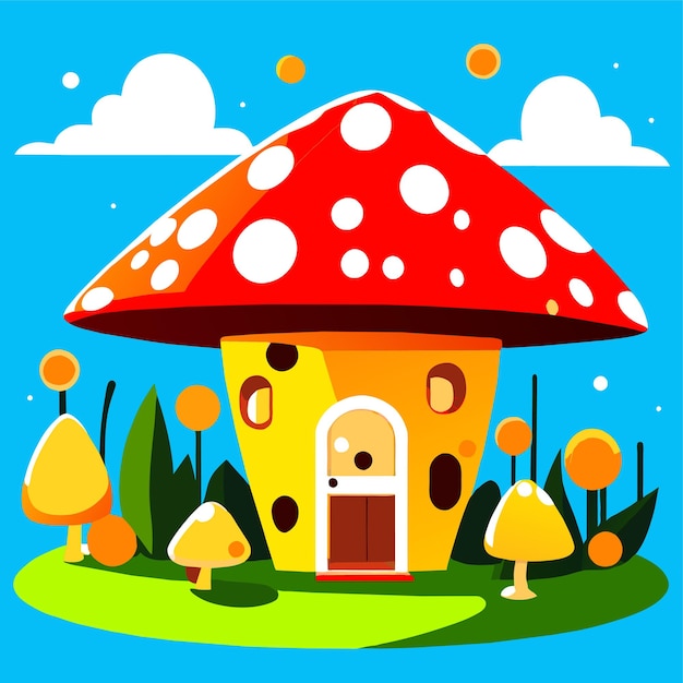 Cheese house with mushroom and in the garden cartoon style on sky background