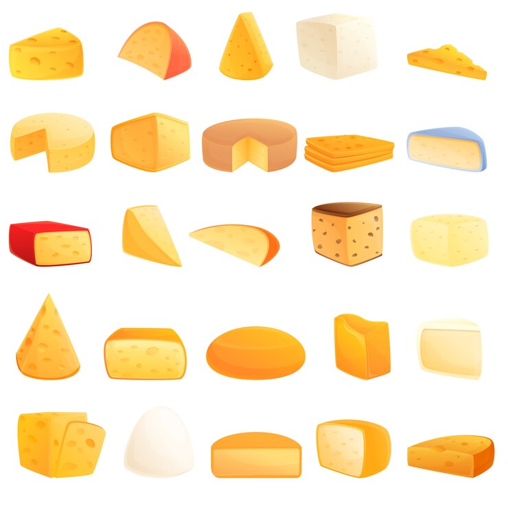 Vector cheese icons set, cartoon style