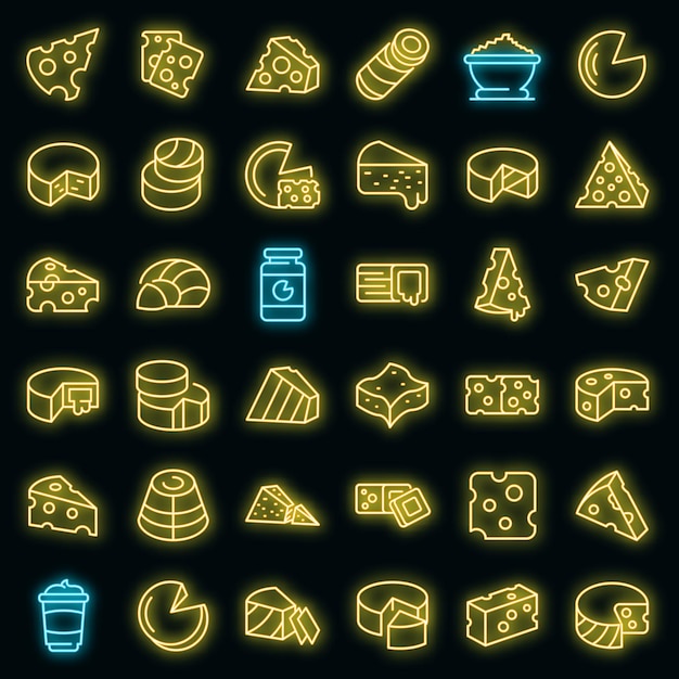 Cheese icons set. outline set of cheese vector icons neon color on black