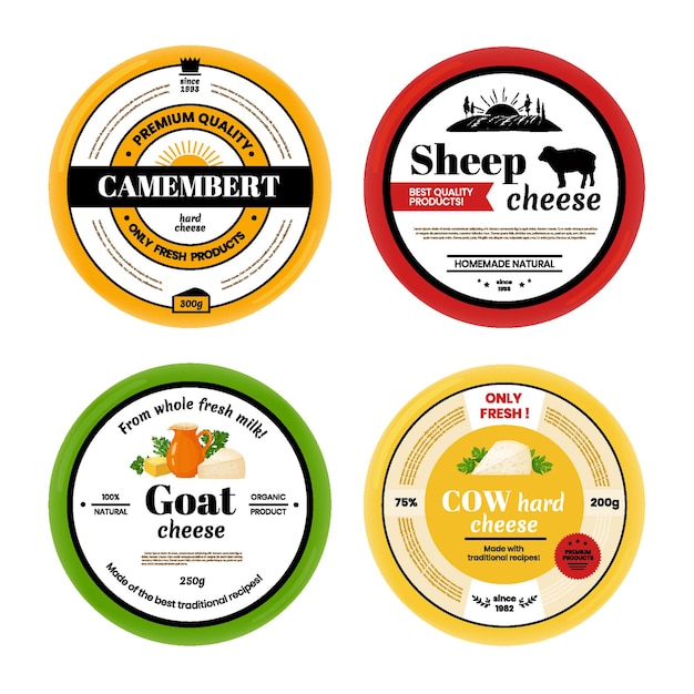 チーズラベル。牛ヤギ羊乳製品のラベル、乳製品のデザインテンプレート。ナチュラルチーズ分離セットをパッケージ化するためのベクトルの丸みを帯びたラベル