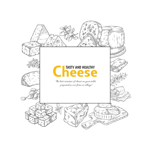 Etichetta di formaggio banner disegnato a mano di prodotti lattiero-caseari pezzi o fette di maasdam e parmigiano cornice quadrata con scritte ingredienti da cucina villaggio pasto fattoria mockup pubblicitario vettoriale