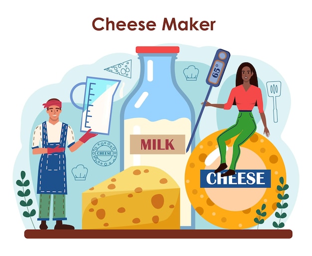Vettore concetto di formaggio. chef professionista che produce blocco di formaggio.