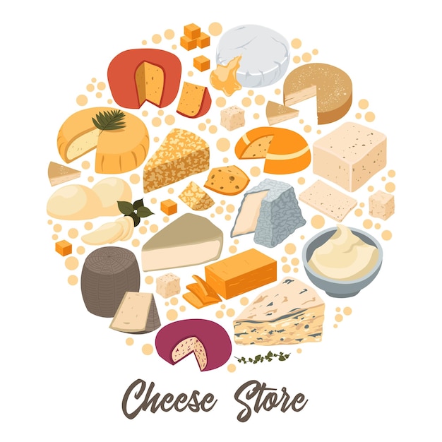 Vector cheese market or store with variety of products