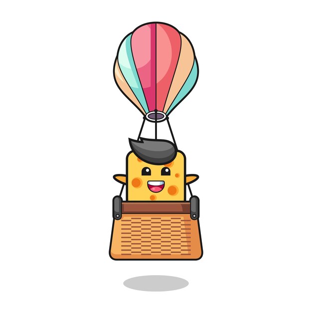 Vector cheese mascot riding a hot air balloon , cute design