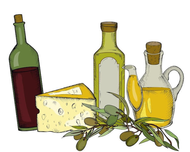 ボトルとオリーブのチーズオリーブオイル手描きのベクトル図地中海のイタリア料理またはギリシャ料理とオリーブ食用油パックの装飾的なヴィンテージスケッチスタイルの構成