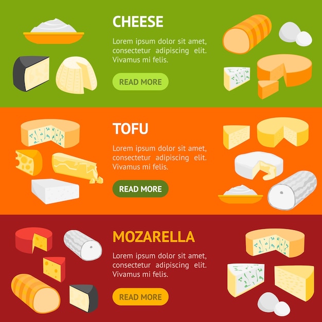 Cheese product dairy banner horizontal set vector